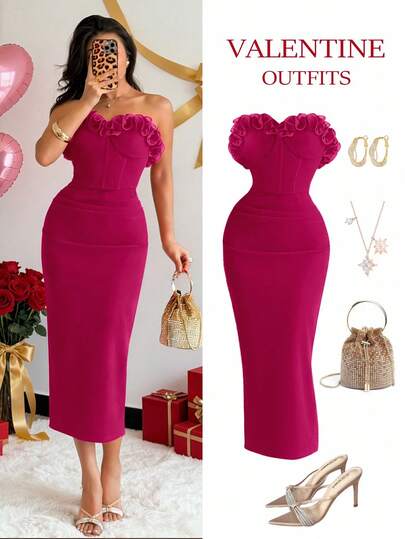 Rafferiza Petite Women's Mature & Sexy Rose Red Floral Trim Cinched Waist Bodycon Backless Slit Clubwear Dress, Suitable For Date, New Year Party, Valentine's Day, Vacation