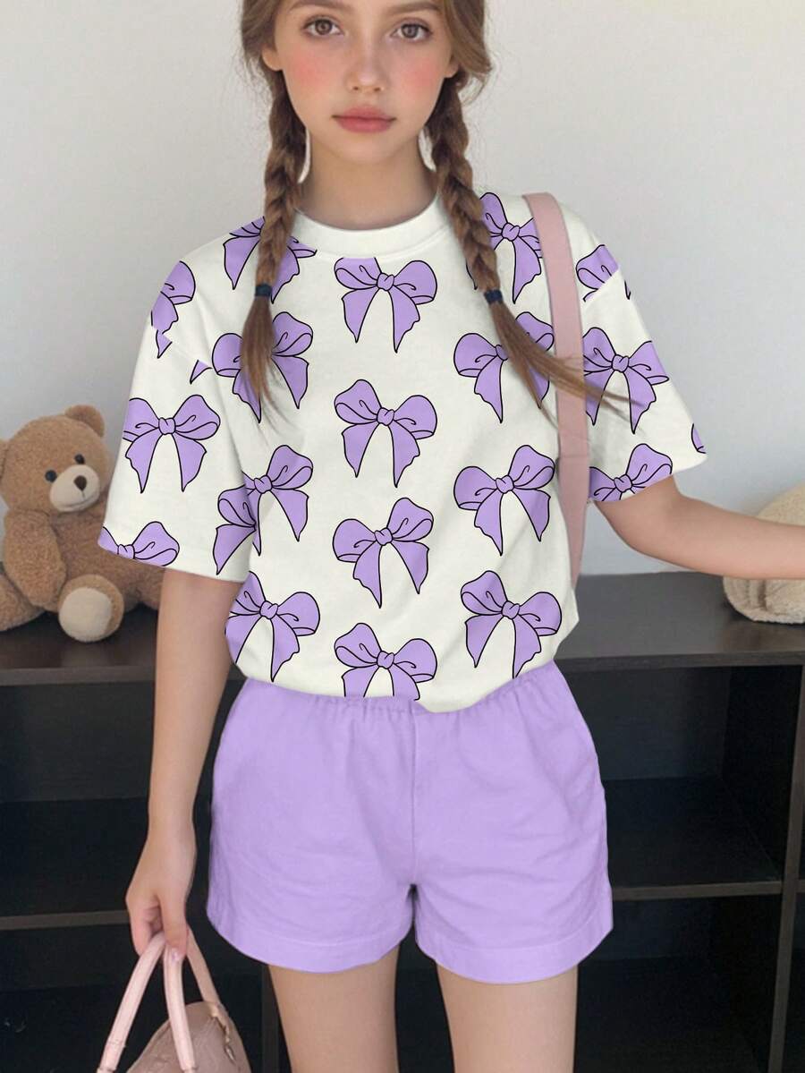 两件套少女休闲蝴蝶印花短袖上衣和短裤套装，适合夏季，经典可爱，是度假和户外活动的理想之选 - 彩色 - 查看 1