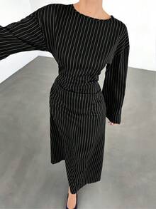 Siren Gaze 女士优雅条纹喇叭袖连衣裙，长袖飘逸连衣裙，条纹长裙，返校季穿搭，秋冬连衣裙，女士婚礼宾客礼服，女士冬季正式礼服，通勤装，休闲装 - 黑色 - 查看 3