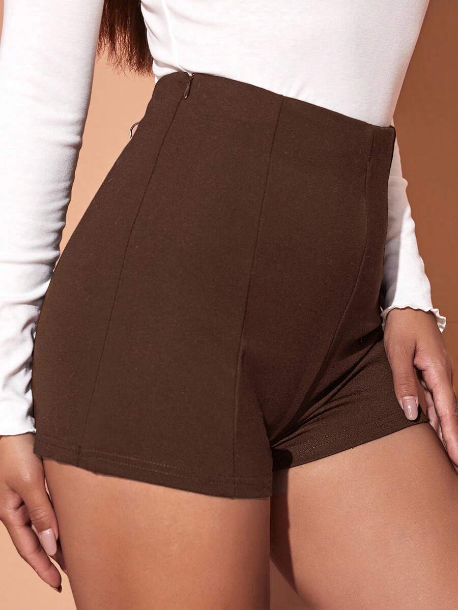 SHEIN Essnce Quần short nữ dáng ôm, màu trơn, thiết kế khóa kéo bên hông, kiểu dáng thường ngày. - Cà phê nâu - Xem 1