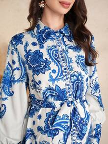 SHEIN Pregnant Women's Elegant Paisley Print Long Sleeve Dress - Blue - View 3