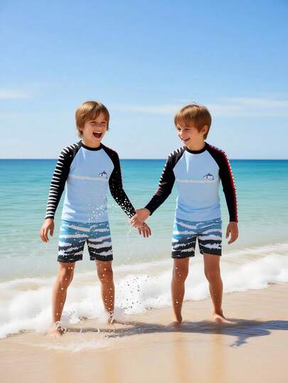 Traje de baño informal con estampado de tiburón y cuello redondo de manga raglán para niño preadolescente