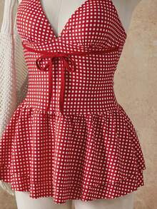 Swim Mod 2026春夏度假沙滩红色格子可爱甜美V领双层泳衣连衣裙，新款女式泳装到货，适合上学、度假、约会、下午茶、西式、邮轮、海滩、海岛、公路旅行、四季皆宜、音乐节、波西米亚风度假、凉爽秋季、西部波西米亚风、优雅女式泳衣、女式吊带泳衣、可爱女式泳衣、女式沙滩装、女式连体泳衣、女式收腹泳衣、女式全包臀泳衣、女式夏季泳装连衣裙 - 紅色 - 查看 12