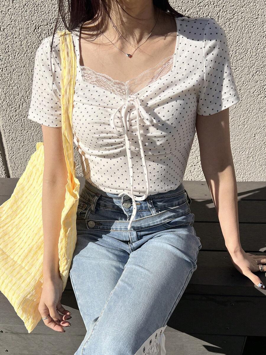 FRIFUL Women's Casual Polka Dot Print Lace Ruched Bust T-Shirt, Summer - White - View 1