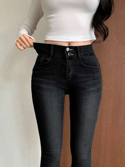 DAZY 女式纯色黑色休闲牛仔裤