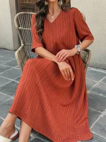 Vivie Lora Damska sukienka plisowana, luźna, teksturowana, średniej długości z dekoltem w serek - Brązowy - Zobacz 8