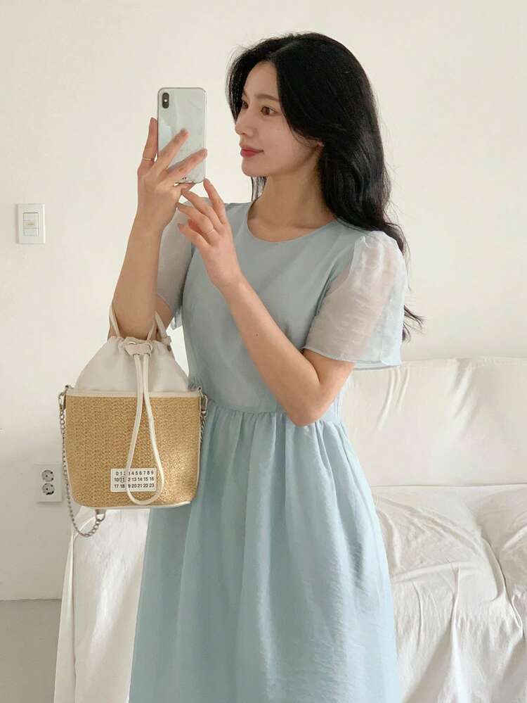 Women's Blue Mesh Double Layer Cinched Waist Mid-Length Dress Summer Sundress