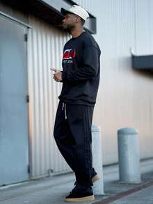 Heavens Edit 男士休闲字母印花圆领长袖宽松运动衫春秋季 - 黑色 - 查看 4