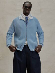 Musero 长袖针织拉链毛衣外套撞色领针织套头衫冬季必备 - 藍白色 - 查看 5