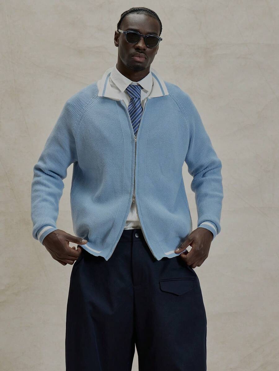 Musero Chaqueta de punto con cremallera de manga larga, jersey de punto con cuello de contraste, esencial de invierno - Azul y blanco - Ver 1