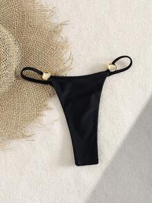 Swim SXY Nova Calcinha de Maiô Bikini Sólida e Sexy com Alça Lateral e Decoração de Pérola Grande, Adequada para Praia, Resort - Preto - Visão 6