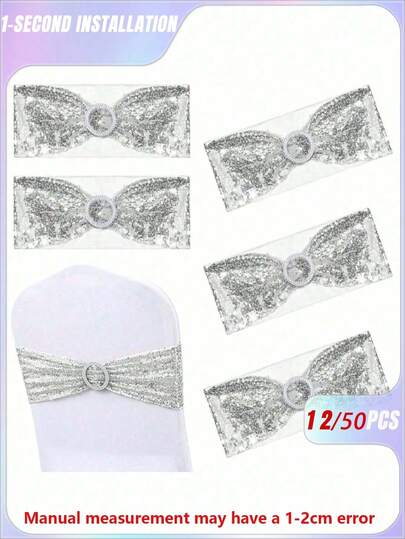 12/24/30/50 Set Of Sequin Chair Strap, 30x15cm Buckle Decorative Bow Wedding Supplies - Silver