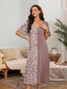 SHEIN Women's Casual Cashew Print Patchwork Solid V-Neck Short Sleeve Nightgown - Coral Pink - View 7