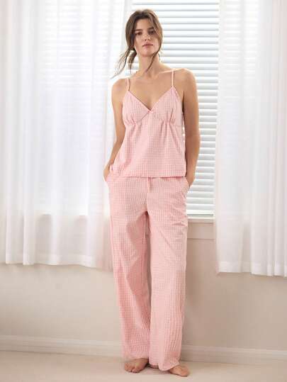 Ocili Comfortable Cotton Soft Jacquard Pajamas Home Wear, Women Camisole And Pants Set With Petal Trim