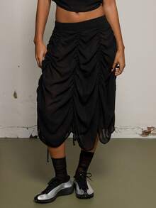 COUREZ Sheer Midi Ruched Skirt /Y2K Spring Clothes For Women Cute Sexy Black Party Rave Skirts Going Out Outfits Summer Skirts Summer Outfits 2 Piece Sets - Black - View 4