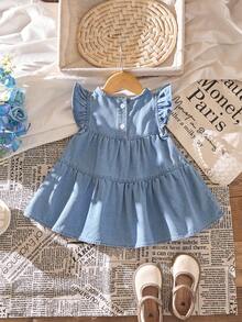 Baby Girl Floral Print Loose Denim Dress With Ruffle Hem And Flutter Sleeves, Light Blue Washed Denim, Spring/Summer New Arrival - Medium Wash - View 2