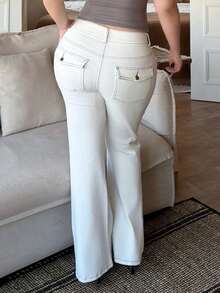Dazy Plus Stretchy Skinny Long Casual Versatile Flare White Jeans, All Season - White - View 2
