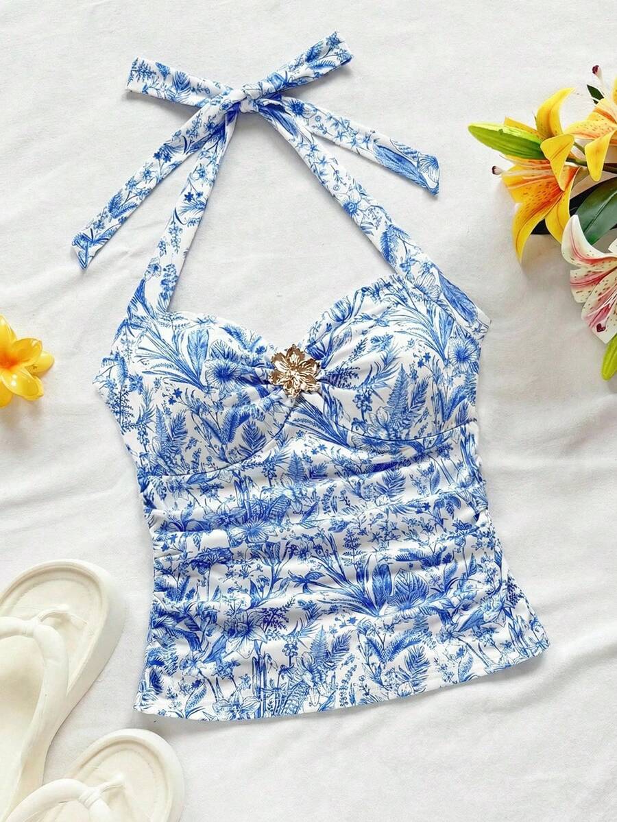 SHEIN Tween Girls' Fitted Casual Floral Print Halter Neck Tank Top - Blue - View 1