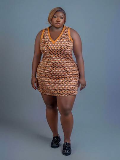 CurvyTilda 大码 70 年代复古几何撞色背心裙