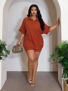 Slaydiva Bộ đồ 2 món mùa Xuân/Hè mới: Áo thun cổ bẻ dáng rộng với tay áo xắn lên và quần short ôm sát, chất liệu vải dệt kim co giãn, thích hợp mặc thường ngày/đi biển/thể thao, cỡ lớn - Màu nâu, trang phục mùa hè. - Rỉ Nâu - Xem 4