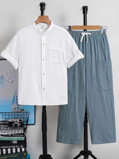 SHEIN 2pcs/Set Tween Boys Casual Sports Vacation Clean Color White Polo Shirt & Elastic Waist Pocket Solid Color Pants, Suitable For Kids Outfits, Tween Boy Clothes, Back To School, Boys Set For Birthday Parties, Evening Parties, Performances, Weddings, Valentine's Day, Suitable For Daily Use, School, Travel, Sports, Spring And Summer Seasons Linen Boy Outfit Boys Linen Sets Boys Summer 2 Piece Sets Boy Shirt Sets Pants And Shirt Set