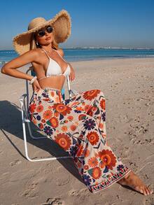 Swim Lushoire 女士印花雪纺和服裤装套装，波西米亚风海滩度假 - 彩色 - 查看 5
