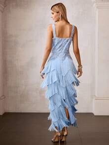 MOTF Soiréza VESTIDO DE NOCHE FORMAL CON BORDADO DE PATRÓN FLORAL Y DOBLADILLO CON FLECOS MULTICAPA - Azul - Ver 3