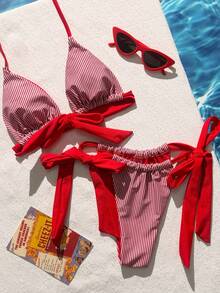 Swim Mod 2026 Spring/Summer Fashionable Striped Print Halter Backless Sexy Bikini 2-Piece Swimwear Set For Women - Red - View 1
