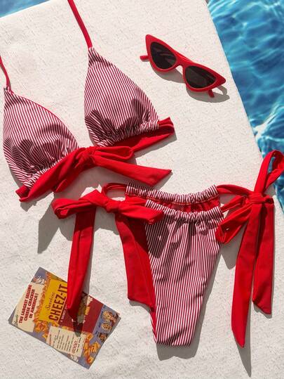 Swim Mod 2026 Spring/Summer Fashionable Striped Print Halter Backless Sexy Bikini 2-Piece Swimwear Set For Women