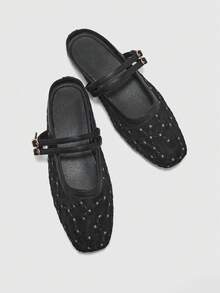 CUCCOO BIZCHIC 女士黑色网纱刺绣雏菊穆勒鞋 - 黑色 - 查看 9