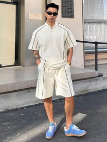 DAZY 男士Polo衫短裤套装，撞色装饰线条，夏季款 - 白色 - 查看 4