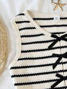 SHEIN Tween Girls' Brown & White Striped Knit Textured Sleeveless Crop Top And Loose Shorts 2-Piece Vacation Casual Outfit, Spring/Summer - Brown - View 5