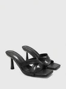 CUCCOO BIZCHIC 黑色交叉绑带方头坡跟凉拖鞋，简约优雅百搭通勤鞋 - 黑色 - 查看 7