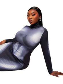 SHEIN SXY 大码时尚性感印花高领修身长裙 - 彩色 - 查看 4