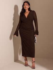 SHEIN BAE 大码优雅撞色网纱V领喇叭袖连衣裙，秋季 - 咖啡棕 - 查看 5