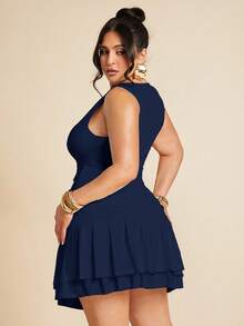 SHEIN BAE Đầm mini hai lớp xếp ly, không tay, màu trắng trơn, dáng ôm sát, dành cho nữ cỡ lớn, thích hợp cho mùa hè, thu/đông, màu xanh lá cây nhạt, đầm hè cho nữ. - Màu xanh hải quân - Xem 2