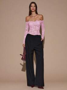 SHEIN BAE 女士蕾丝性感透视镂空露肩长袖上衣，酒红色，适合圣诞节、万圣节、亡灵节、秋冬季叠穿 - 淺粉色 - 查看 4