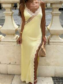 Cévolie Women's Sexy Lace Patchwork High Slit Slip Dress, Summer - Light Yellow - View 4