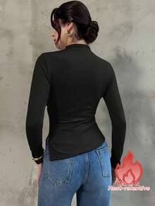 Firerie Women's New Design Sense Mock Neck Long Sleeve T-Shirt, Fashionable And Elegant Fitted Undershirt For Autumn/Winter, Side Slit Casual Top, Coffee Color Long Sleeve T-Shirt, Knitted Stretchy Fabric Top, Suitable For Spring, Autumn And Winter, Elegant, Commute, Casual, Daily, Minimalist, Work Wear - Black - View 6