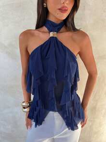 Aloruh Women's Elegant Multi-Layer Ruffle Trim Stand Collar Fitted Tank Top - Navy Blue - View 5