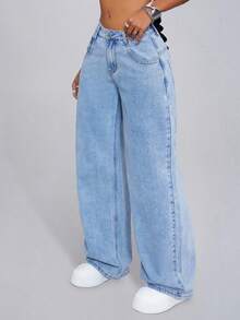 SHEIN ICON Women's Front Button Pocket Casual Denim Jeans, Everyday Wear Low Rise Straight Leg Baggy Jeans Women - Baby Blue - View 3