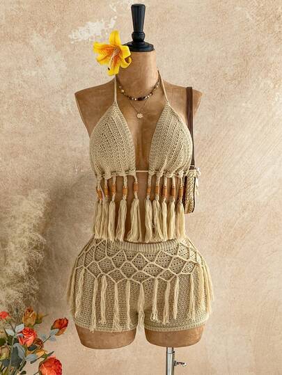 Soleia 2pcs Bohemian Spaghetti Strap Backless Tie Camisole And Tassel Shorts Set, Boho, Vacation, Vintage, Holiday, Music Festival