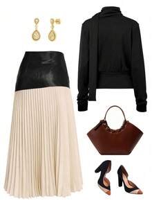 Qadelle Women's Solid Color Top & Pleated Long Skirt 2 Pieces Set - Black - View 2