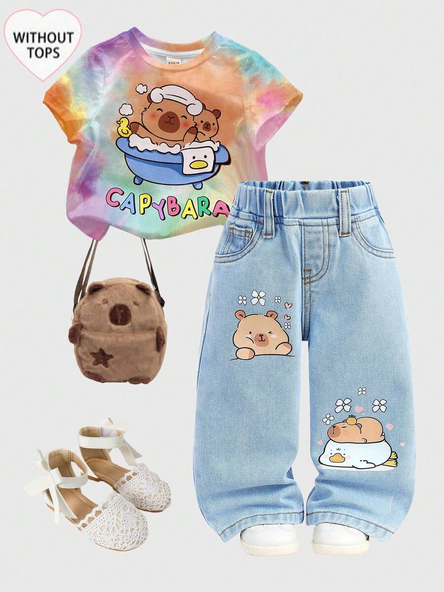 SHEIN 女婴可爱卡通水豚图案蓝色牛仔宽松裤 - 淺色水洗藍 - 查看 1