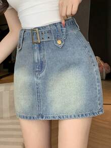 DAZY 女士休闲水洗腰带牛仔A字裙，春夏款 - 中等水洗藍 - 查看 4