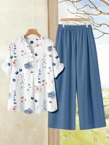 Rusticease Ditsy Floral Top + Solid Color Pants 2 Pieces Set, Casual Vacation Style, Suitable For Summer, Plus Size - Blue - View 14