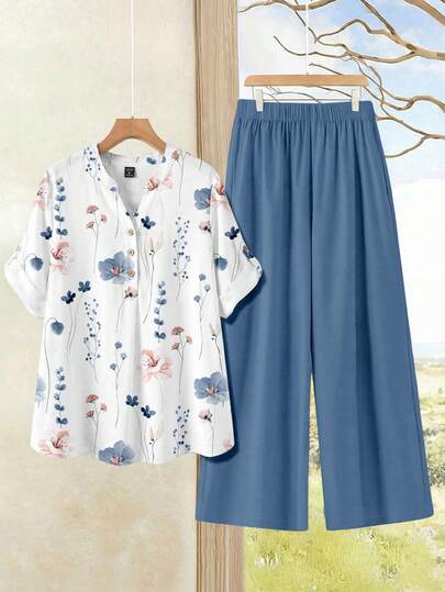 Rusticease Ditsy Floral Top + Solid Color Pants 2 Pieces Set, Casual Vacation Style, Suitable For Summer, Plus Size
