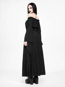 ROMWE Goth 女士哥特式露肩喇叭袖收腰连衣裙 - 黑色 - 查看 3