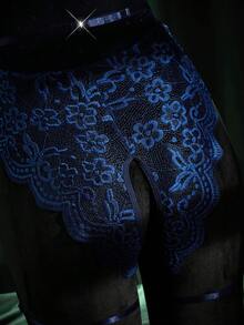 SpicyHot 四件套：女士超性感心形扣开裆蕾丝边波点网纱连体衣+吊袜带+腿环 - 藏蓝色 - 查看 3