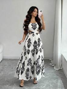 SHEIN Elenzya Đầm nữ tay ngắn dáng chữ A trễ vai xếp ly in họa tiết Paisley, thanh lịch cho mặc hàng ngày, đi nghỉ mát, đi làm, ngày Valentine, hẹn hò, phong cách đường phố Pháp, cổ điển, dự tiệc, màu mơ chủ đạo phối họa tiết đen, mẫu mới về đầu xuân/hè. - Nhiều màu - Xem 5